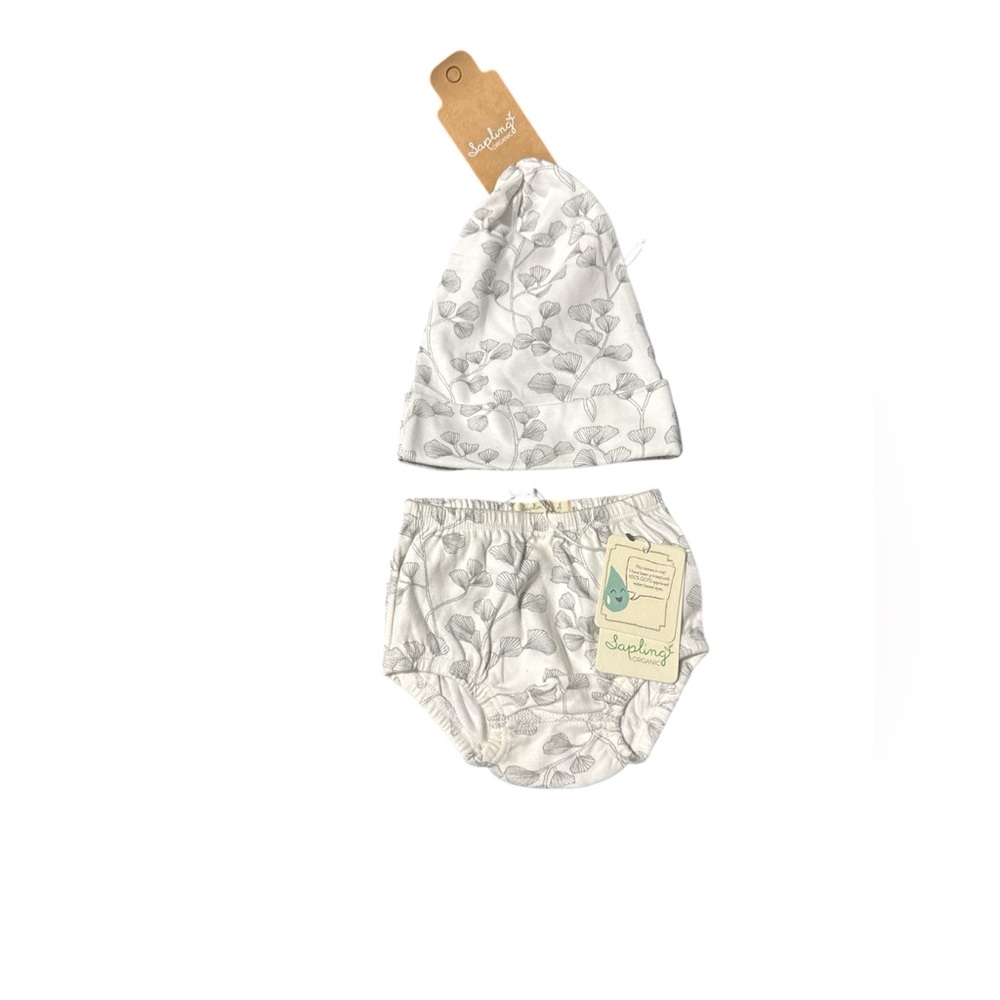 Sapling 100% organic cotton Leaf Print Hat and Diaper Cover Set - Gray
